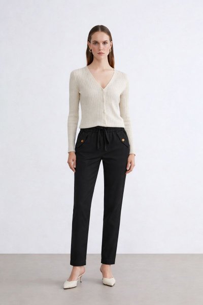 Yüksek Bel Bağcık Detaylı  Pileli Kadın PANTOLON