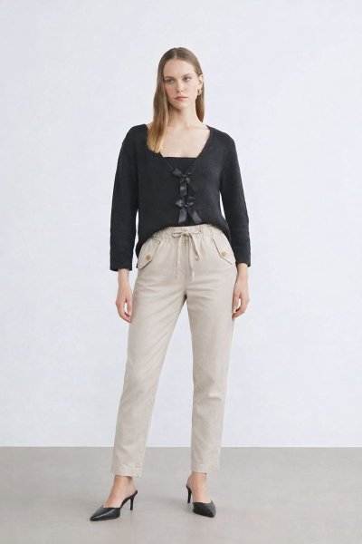 Yüksek Bel Bağcık Detaylı  Pileli Kadın PANTOLON