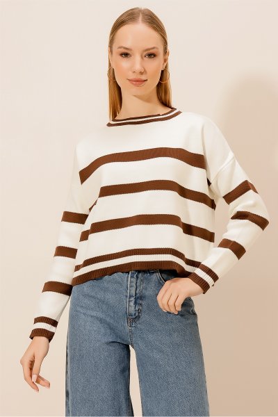 Bisiklet Yaka Kalın Çizgili Crop Triko KAZAK
