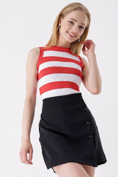 Bisiklet Yaka Kalın Çizgili Kolsuz BLUZ