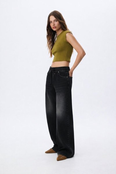 İp Detaylı Lastikli Efektli Jean Pantolon