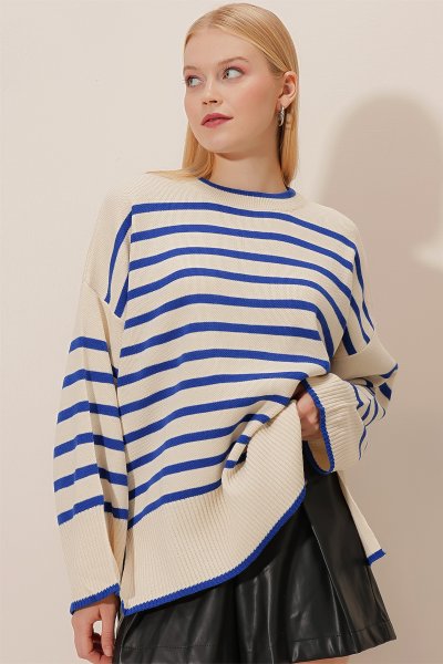 Çizgili Simit Yaka Arka Uzun Oversize KAZAK