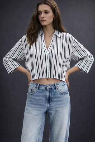Dikey Çizgili Kısa Kollu Crop GÖMLEK