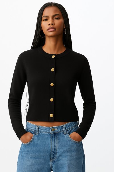 Kadın Bisiklet Yaka Gold Düğme Detaylı Triko HIRKA