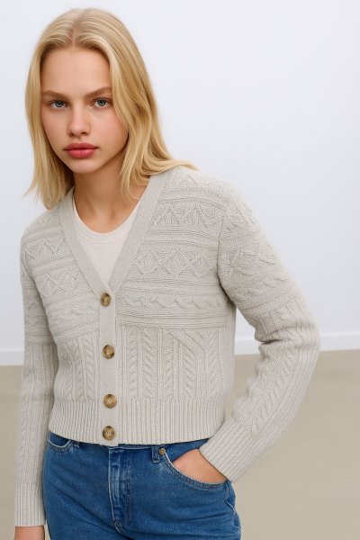 V Yaka Premium Düğmeli Crop Triko Hırka