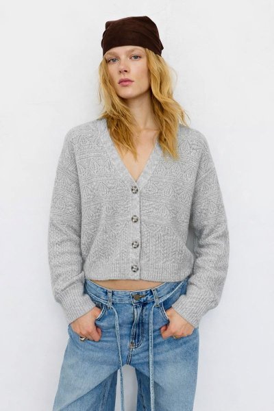 V Yaka Premium Düğmeli Crop Triko Hırka