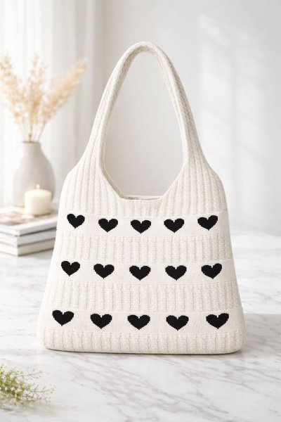 Kalp Desenli Triko Omuz ÇANTA
