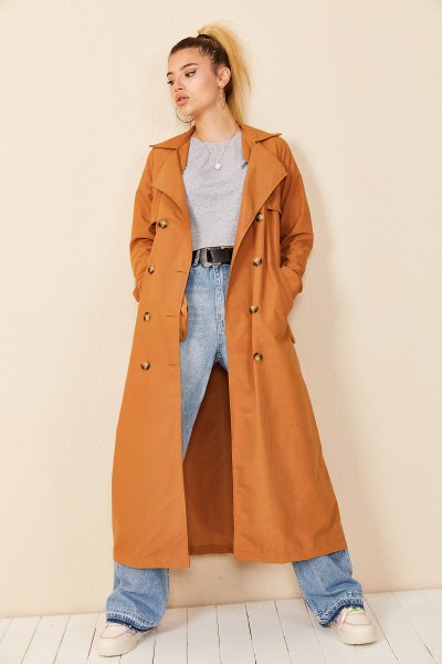 Şal Yaka Düğmeli TRENÇKOT