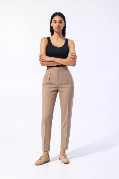 Yüksek Bel Çift Pensli Kumaş   PANTOLON