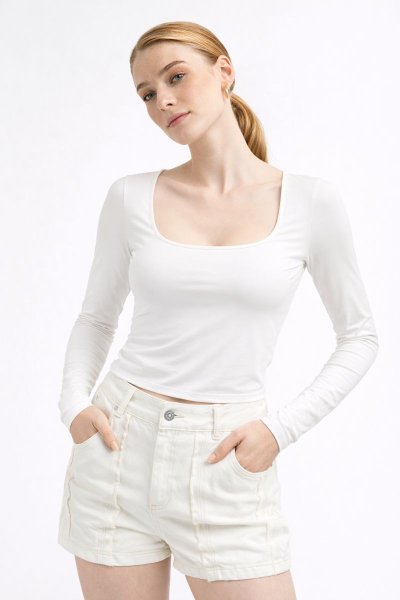 U Yaka Uzun Kol Poliamid BLUZ