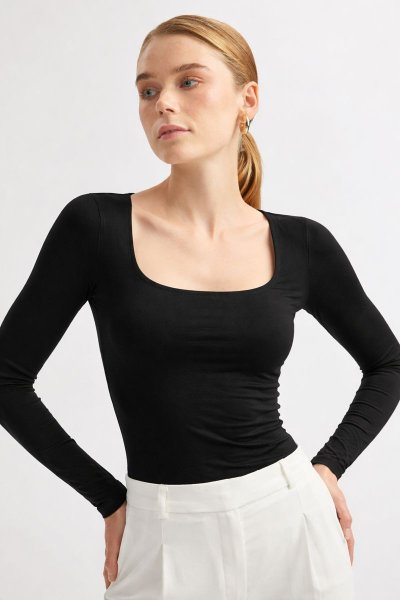 U Yaka Uzun Kol Poliamid BLUZ