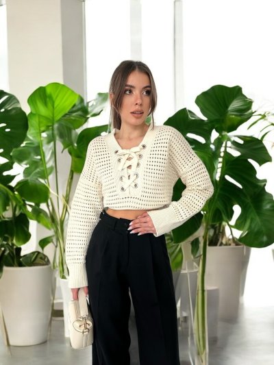 Ajurlu İpli V Yaka Triko KAZAK