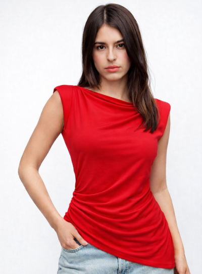 Asimetrik Bel Detaylı Kolsuz Sandy Bluz