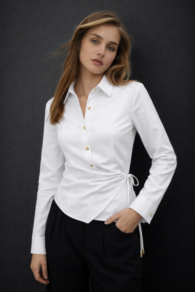 Şık Asimetrik Kesim Yan Bağcıklı Drapeli Kadın GÖMLEK