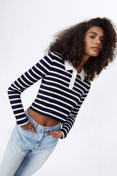 Polo Yaka Çizgili Ribana BLUZ