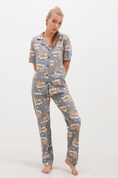 Ayıcık Baskı Gömlek Yaka Pijama TAKIM