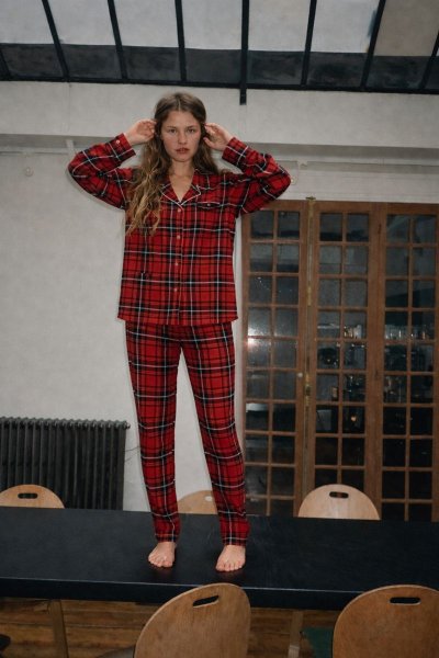 Ekose Düğmeli Gömlek Yaka PİJAMA TAKIM