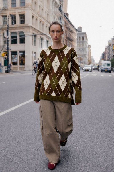 Kadın Oversıze Ekose Desen Yumuşak Triko KAZAK