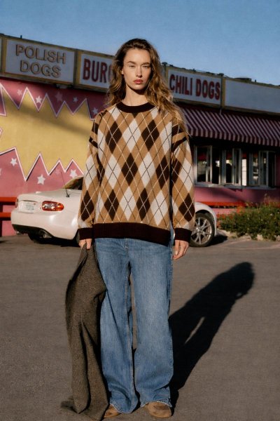 Kadın Oversıze Ekose Desen Yumuşak Triko KAZAK