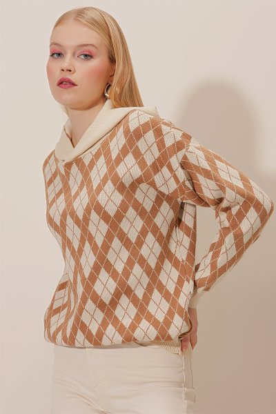 Baklava Desen Kapüşonlu Triko SWEAT