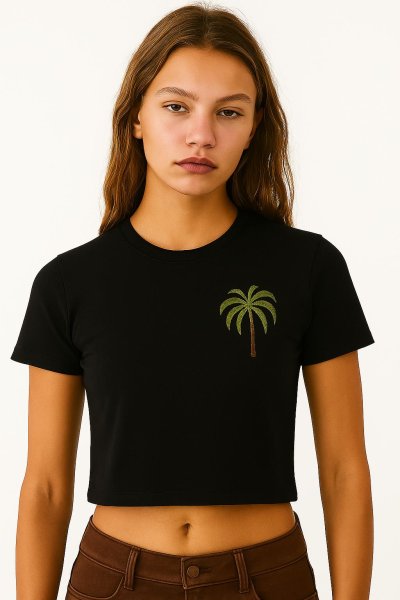 Palmiye Baskılı Viskon Ribana Crop T-SHIRT