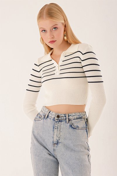 Polo Yaka Üst Çizgili Triko BLUZ