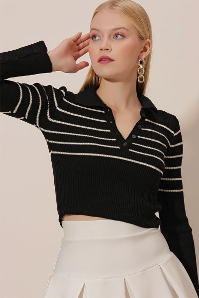 Polo Yaka Üst Çizgili Triko BLUZ