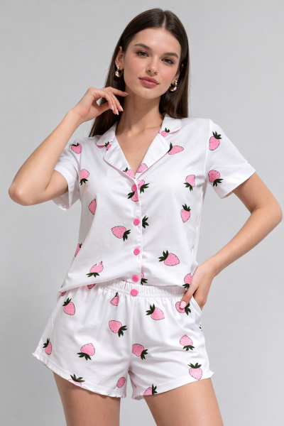 Çilek Desen Düğmeli Şort Pijama TAKIMI