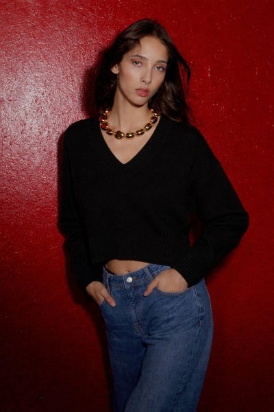 Kadın V Yaka Yumuşak Doku Triko KAZAK