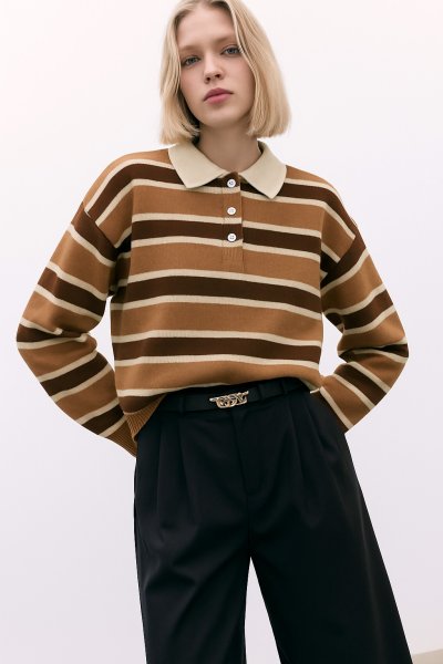 Polo Yaka Çizgili Oversize Triko KAZAK