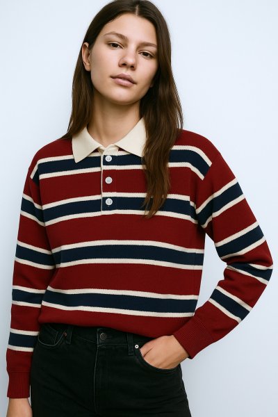 Polo Yaka Çizgili Oversize Triko KAZAK