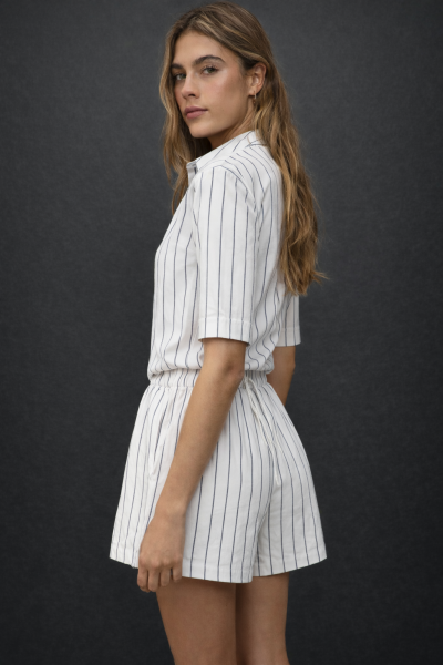 Keten Karışımlı Gömlek Bel lastik Bağcıklı Şort Takım