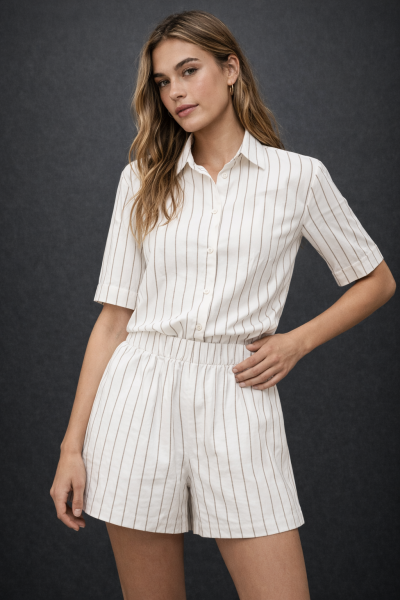 Keten Karışımlı Gömlek Bel lastik Bağcıklı Şort Takım