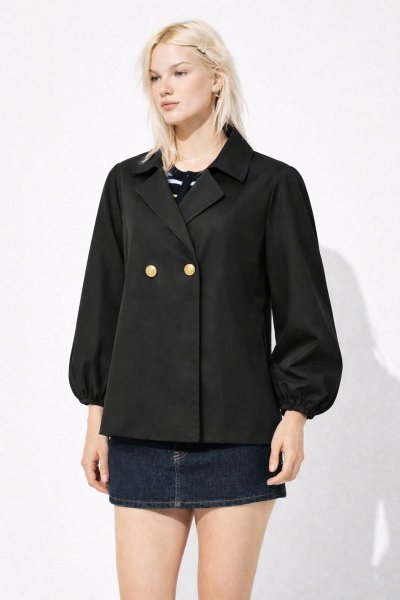 Balon Kol Düğmeli Kısa Trençkot