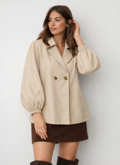 Balon Kol Düğmeli Kısa Trençkot