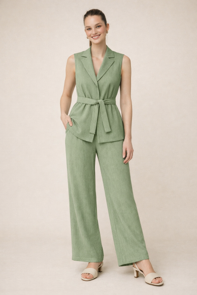 Kemerli Yelek Palazzo Örme Keten TAKIM