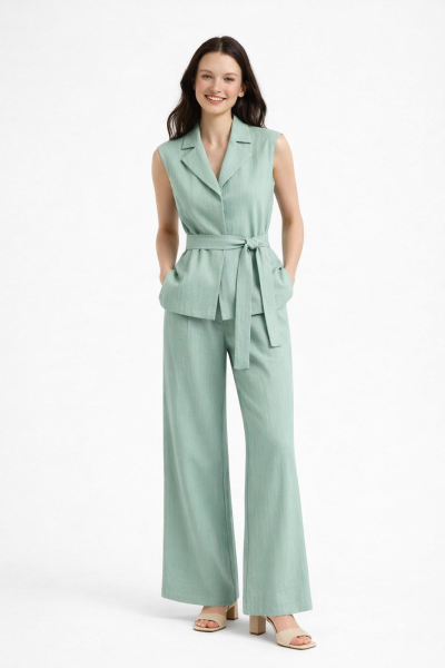 Kemerli Yelek Palazzo Örme Keten TAKIM