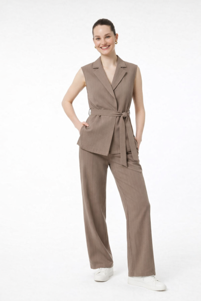 Kemerli Yelek Palazzo Örme Keten TAKIM