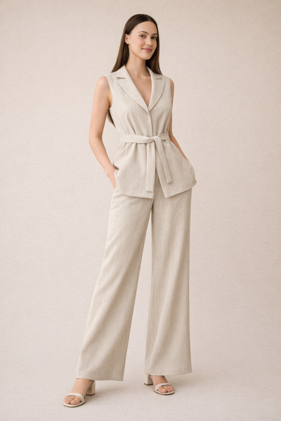 Kemerli Yelek Palazzo Örme Keten TAKIM