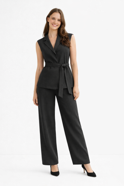 Kemerli Yelek Palazzo Örme Keten TAKIM