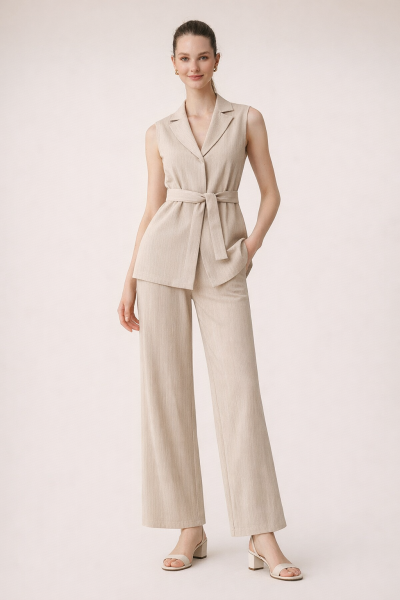 Kemerli Yelek Palazzo Örme Keten TAKIM