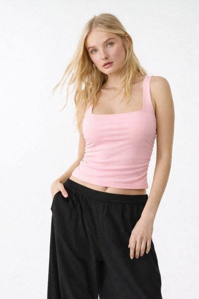 Düz Kare Yaka Askılı Büzgülü Fitted/Vücuda Oturan Esnek Örme Bluz