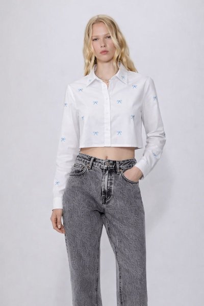 Fiyonk Nakışlı Crop GÖMLEK