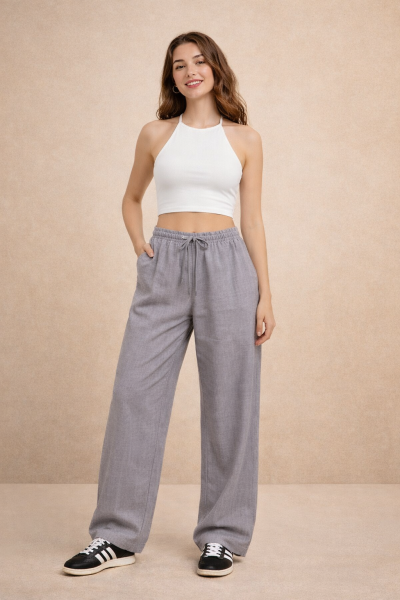Yüksek Bel Lastikli Keten Pantolon