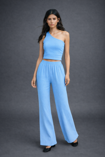 Tek Omuz Gofre Pantolon Crop İkili TAKIM