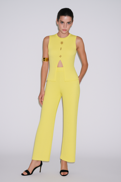 Bisiklet Yaka Gold Düğmeli Ottoman Bluz Ve Regular Pantolon TAKIM
