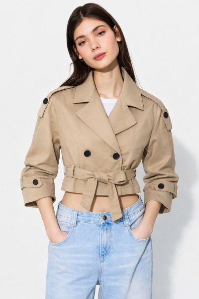 Dokuma Trençkot Crop Blazer CEKET