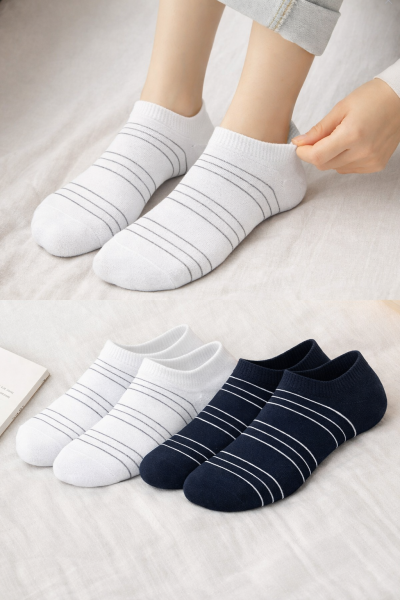 Beyaz Çizgili Kısa Spor (Krem-Siyah) 2'Li ÇORAP
